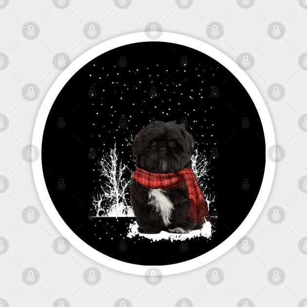 Christmas Black Shih Tzu With Scarf In Winter Forest Magnet by TATTOO project